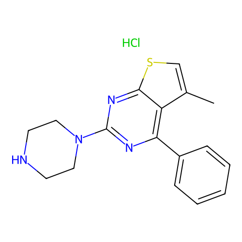 Thieno(2,3-d)pyrimidine, 5-methyl-4-phenyl-2-(1-piperazinyl)-, monohydrochloride structure