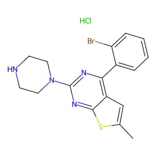 Thieno(2,3-d)pyrimidine, 4-(2-bromophenyl)-6-methyl-2-(1-piperazinyl)-, monohydrochloride structure