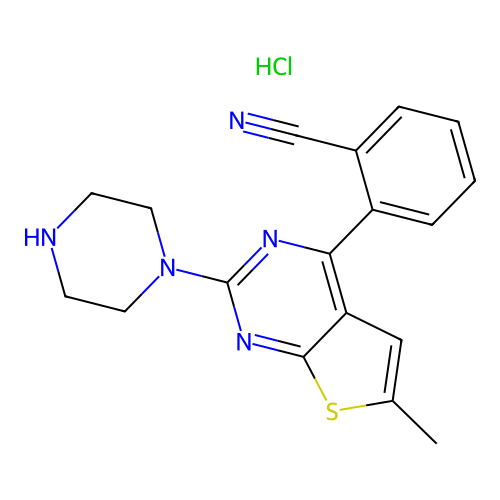 Benzonitrile, 2-(6-methyl-2-(1-piperazinyl)thieno(2,3-d)pyrimidin-4-yl)-, monohydrochloride structure