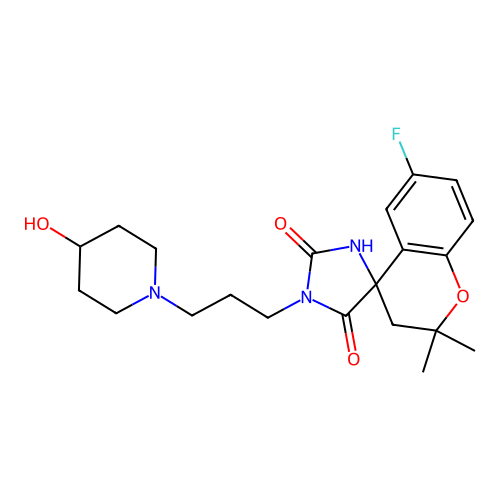 Spiro(4H-1-benzopyran-4,4'-imidazolidine)-2',5'-dione, 2,3-dihydro-2,2-dimethyl-6-fluoro-1'-(3-(4-hydroxy-1-piperidinyl)propyl)- structure