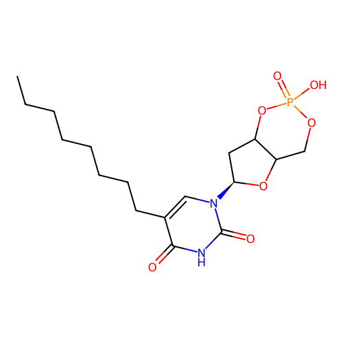 1-[(6R)-2-hydroxy-2-oxo-4a,6,7,7a-tetrahydro-4H-furo[3,2-d][1,3,2]dioxaphosphinin-6-yl]-5-octylpyrimidine-2,4-dione structure