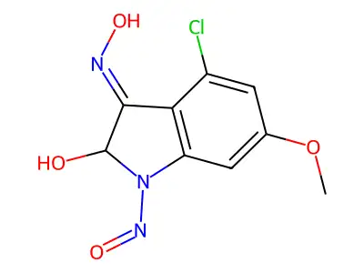 4-Chloro-6-methoxy-2-hydroxy-1-nitroso-indolin-3-one oxime structure