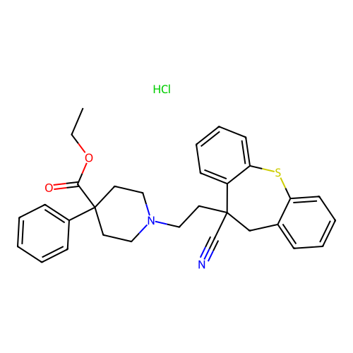 4-Piperidinecarboxylic acid, 1-(2-(10-cyano-10,11-dihydrodibenzo(b,f)thiepin-10-yl)ethyl)-4-phenyl-, ethyl ester, monohydrochloride structure