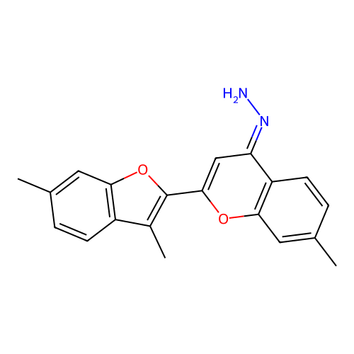 (E)-(2-(3,6-dimethylbenzofuran-2-yl)-7-methyl-4H-chromen-4-ylidene)hydrazine structure
