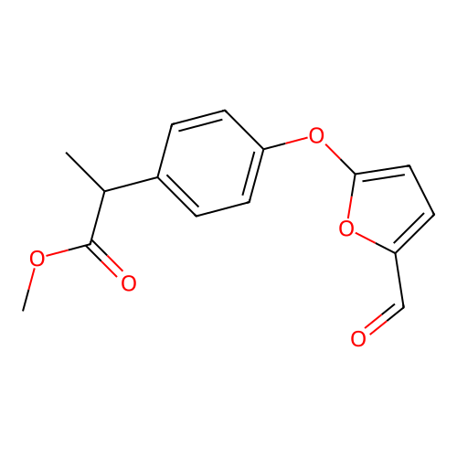 Benzeneacetic acid, 4-((5-formyl-2-furanyl)oxy)-alpha-methyl-, methyl ester structure