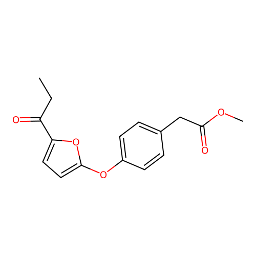 Benzeneacetic acid, 4-((5-(1-oxopropyl)-2-furanyl)oxy)-, methyl ester structure