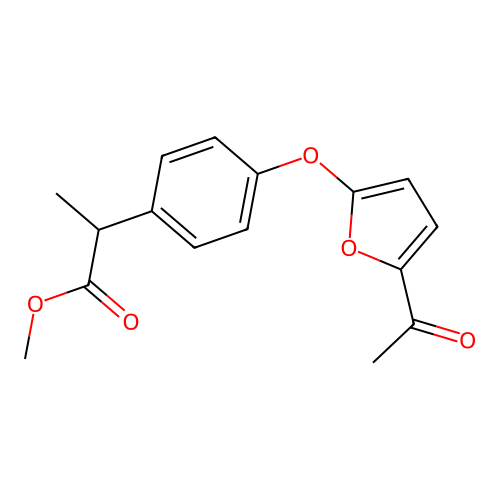 Benzeneacetic acid, 4-((5-acetyl-2-furanyl)oxy)-alpha-methyl-, methyl ester structure
