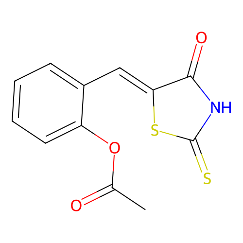 [2-[(Z)-(4-oxo-2-sulfanylidene-1,3-thiazolidin-5-ylidene)methyl]phenyl] acetate structure